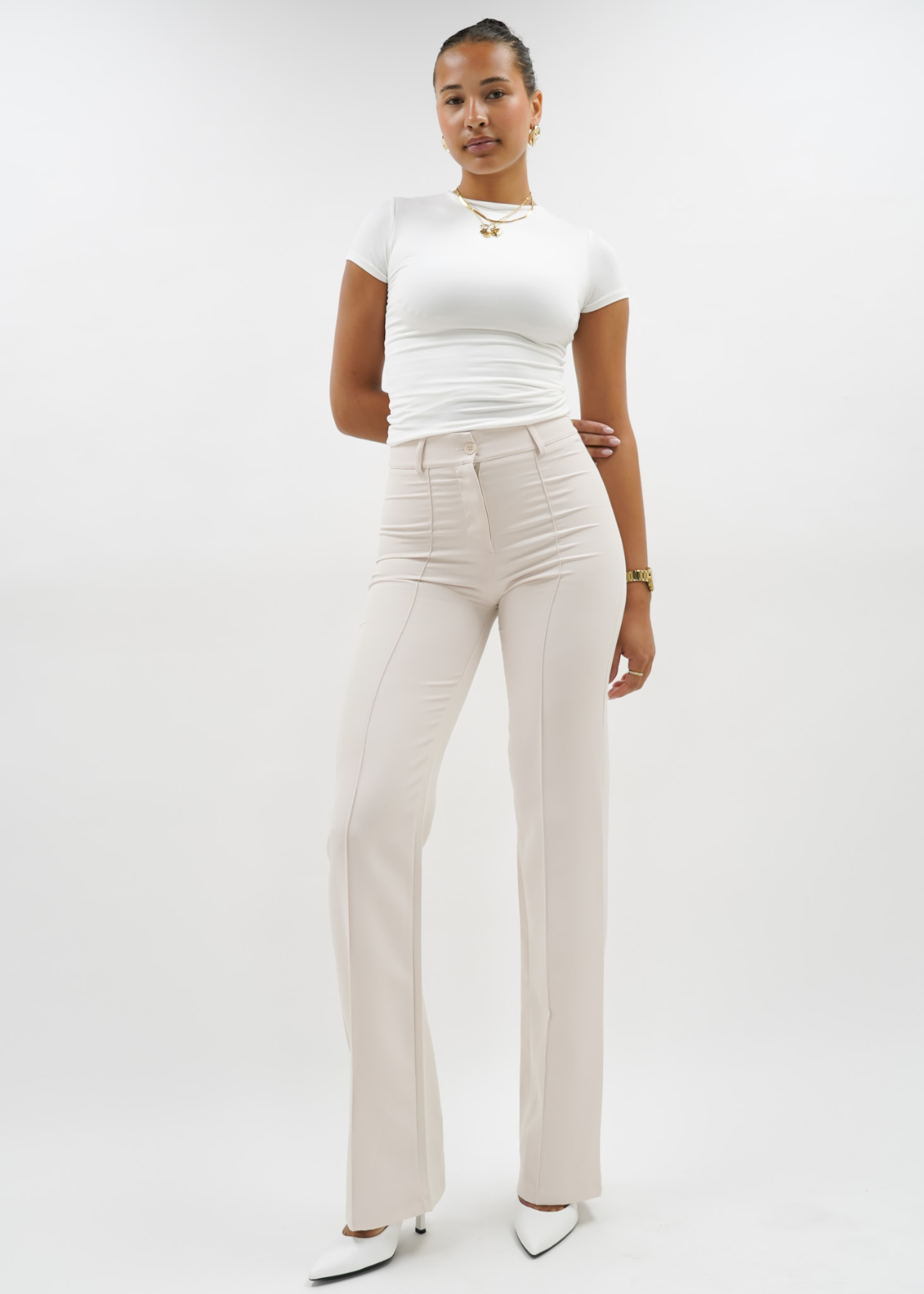 Straight leg pants with pressfold crème (TALL)