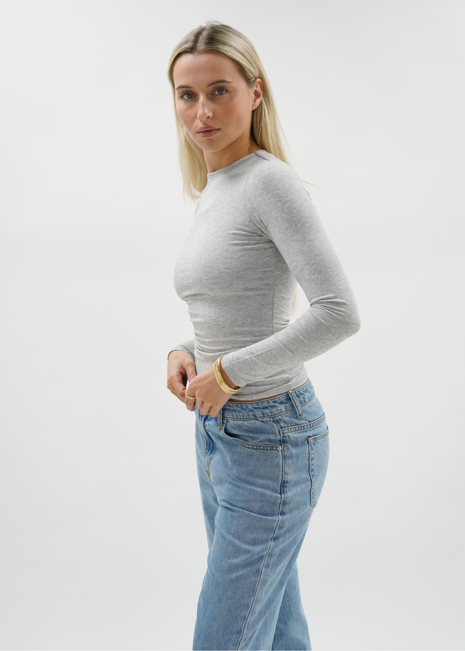 Long sleeve top long extra light grey melange