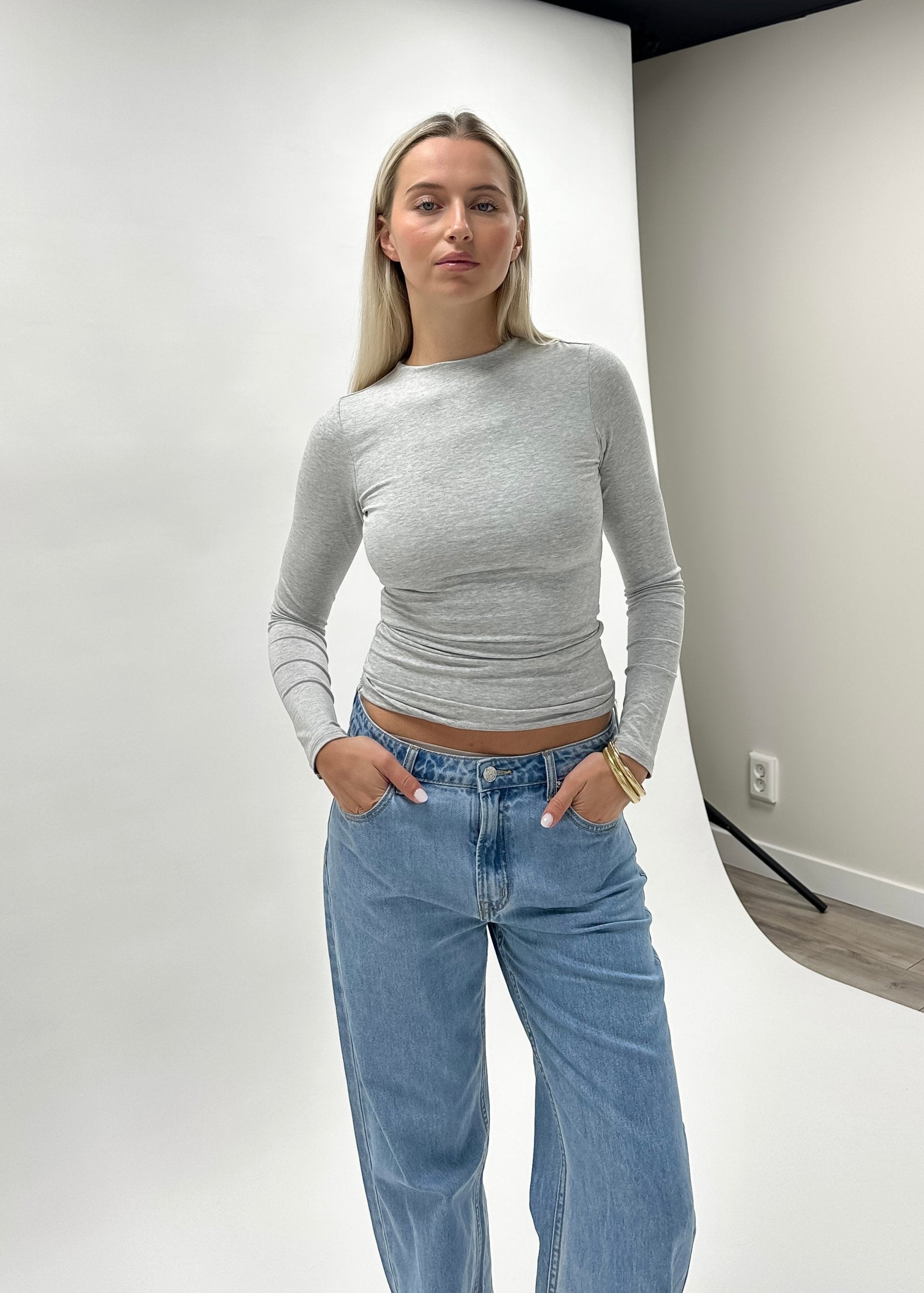 Long sleeve top long extra light grey melange