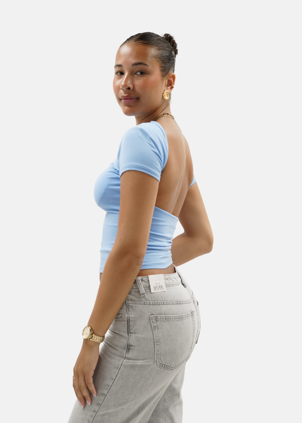 Short sleeve backless top light blue