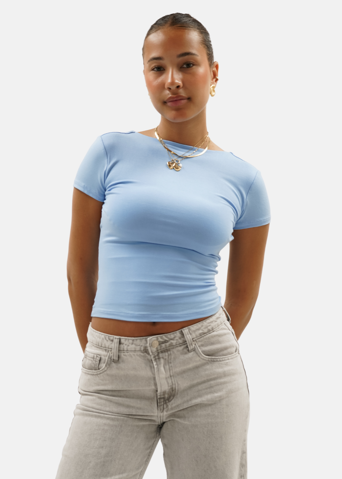 Short sleeve backless top light blue