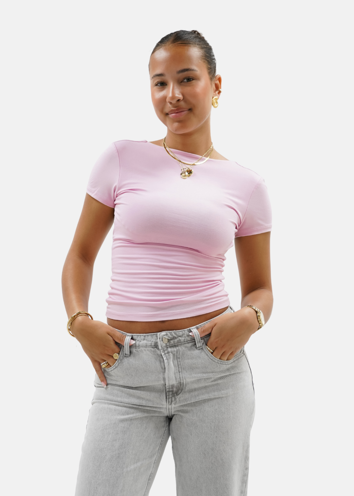 Short sleeve backless top light pink