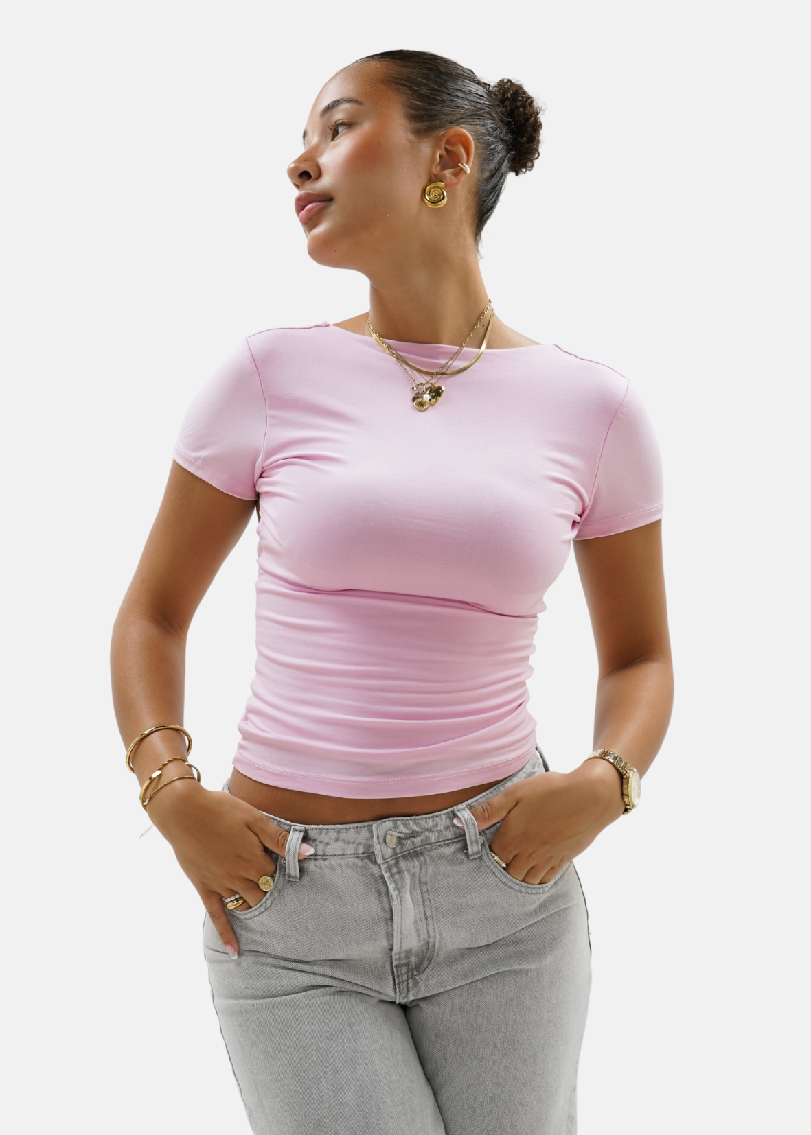 Short sleeve backless top light pink